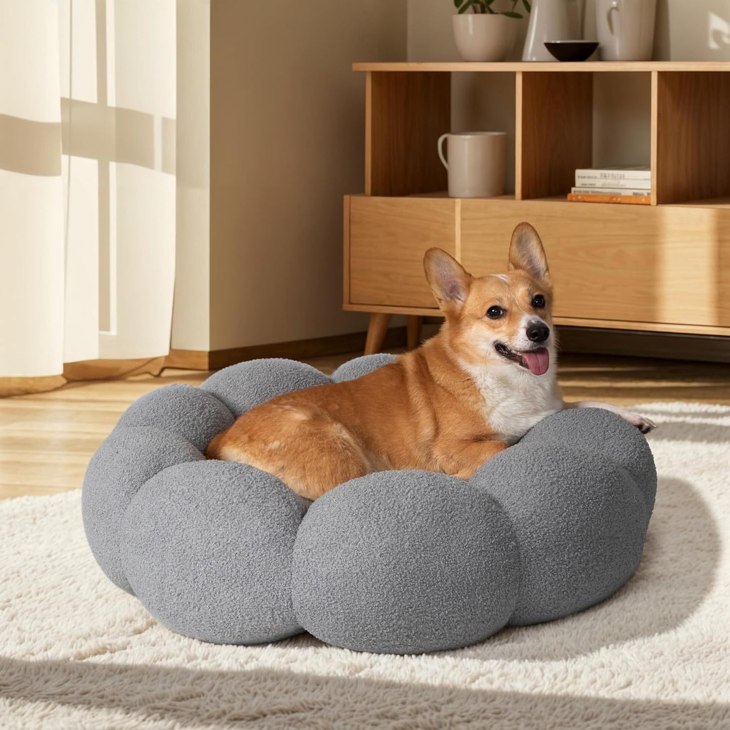 Calming Cat Beds For Indoor Cats Fluffy Flower Cat Dog Bed In Plush Teddy Sherpa Round Donut Cuddler Puppy Bed Non Slip Machine Washable Pet Bed