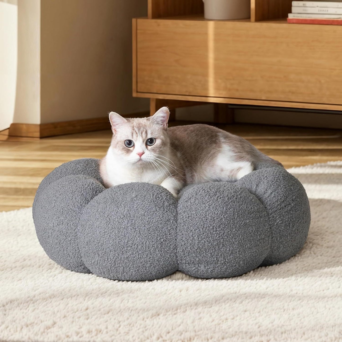 Calming Cat Beds For Indoor Cats Fluffy Flower Cat Dog Bed In Plush Teddy Sherpa Round Donut Cuddler Puppy Bed Non Slip Machine Washable Pet Bed